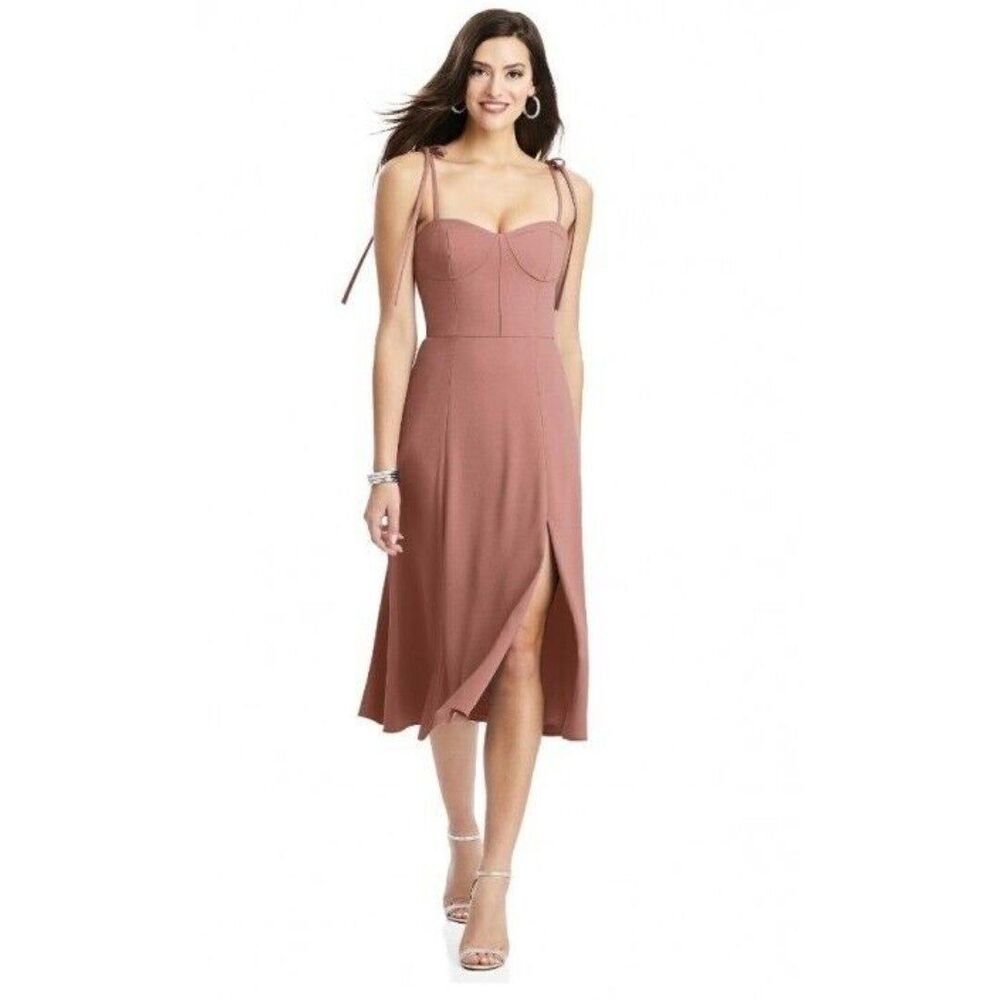 Dessy Bustier Crepe Midi Dress Desert Rose Size 12 NWT